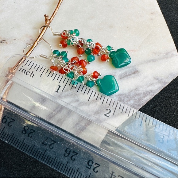 Green Onyx and Carnelian Earrings Cluster Long dangle - Picture 3 of 6
